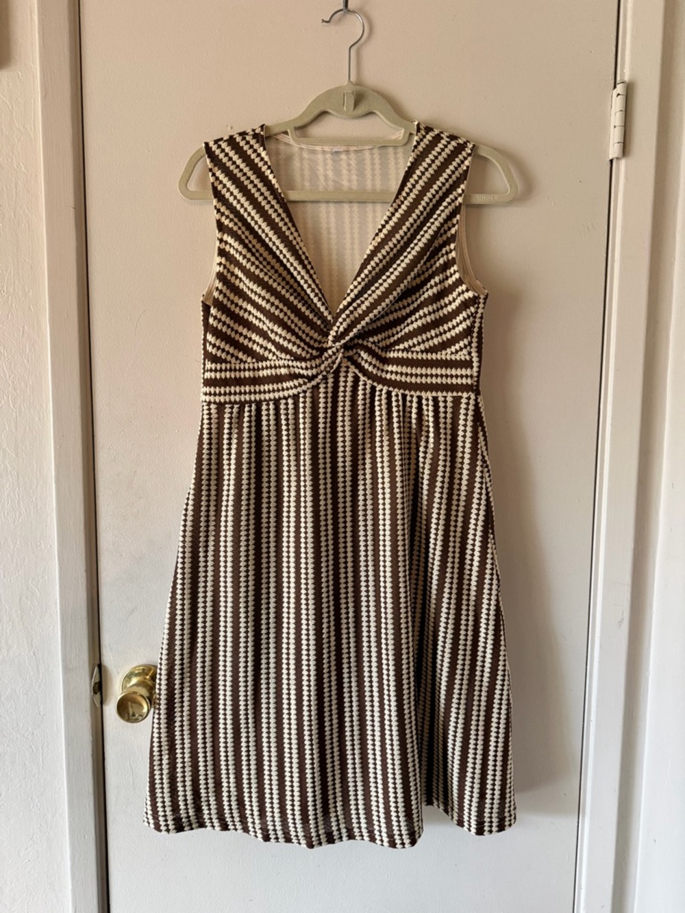 Sleeveless Twist-Front Midi Dress in Brown and Cream